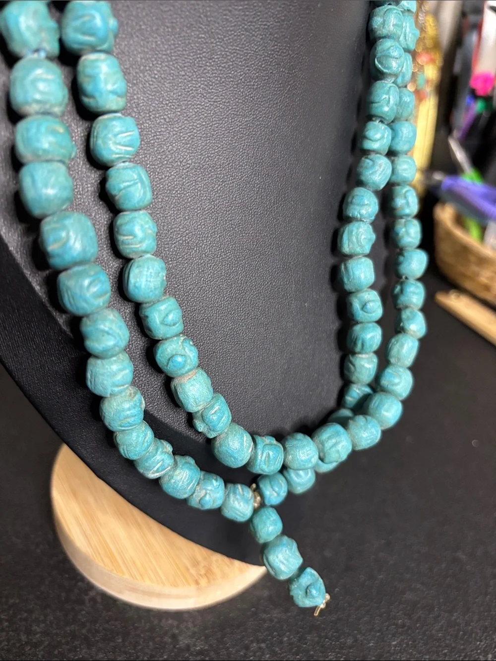 Southwestern Carved Ceramic Turquoise Beaded Long Bead Strand Necklace Unique